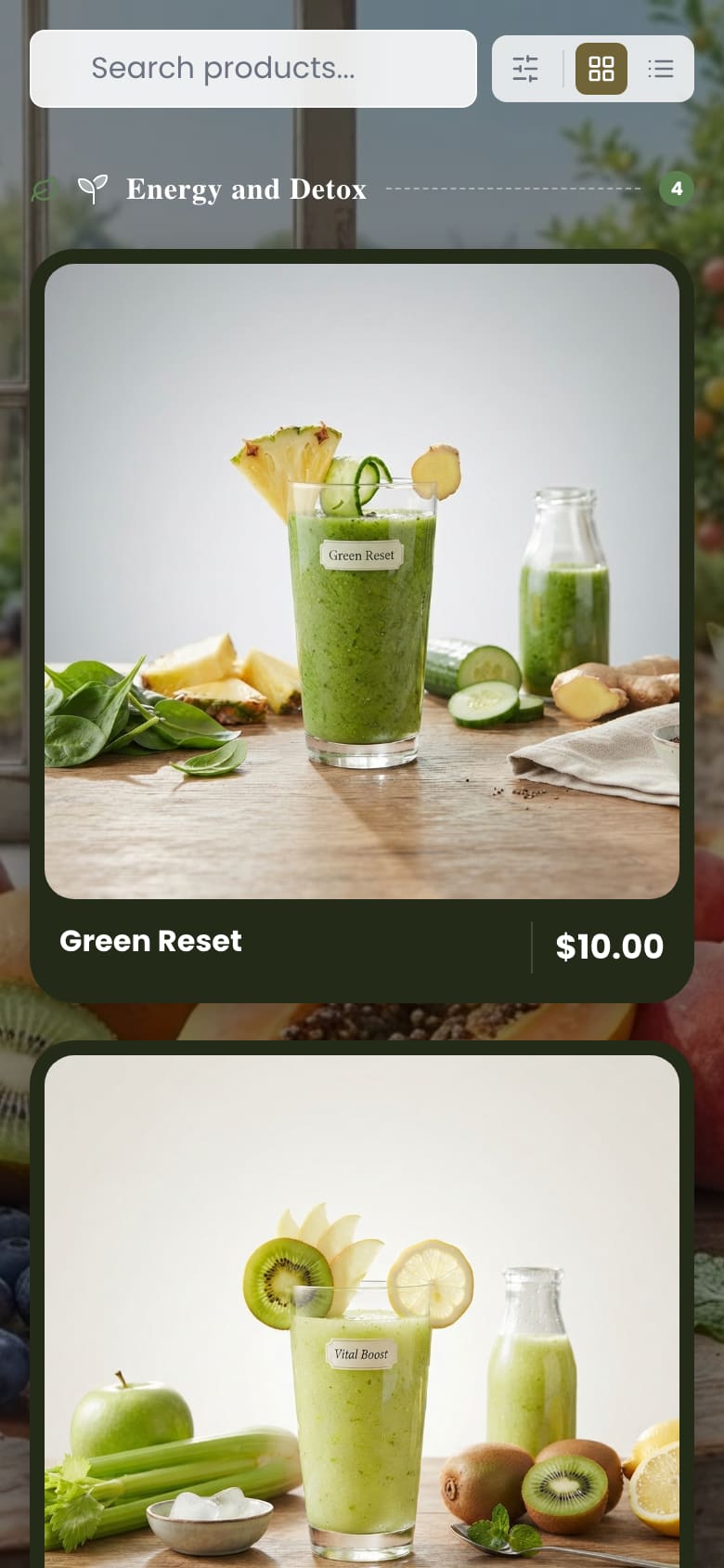 Vibe Blend juice bar catalog on a phone